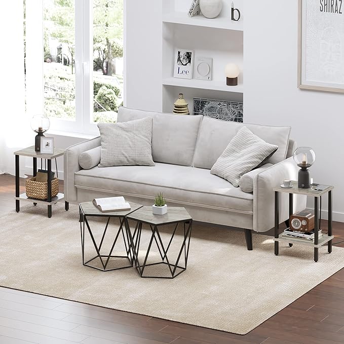 TUTOTAK End Table with Charging Station, Small Side Table with Outlets, Nightstand Bedside Table, 2-Tier Storage Shelf for Small Space, Living Room, Bedroom, Greige TB01BG040