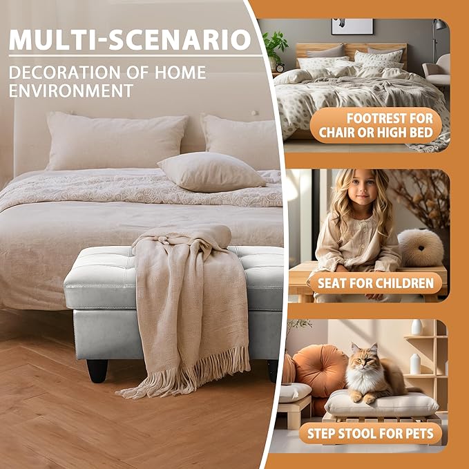 Ottoman Rectangular Storage Ottoman Bench, Faux Leather Footrest, Coffee Table, Stool Footstool with Hinged Lid for Living Room, Bedroom, Entryway, Silver, 35"x23.5"x17.5"