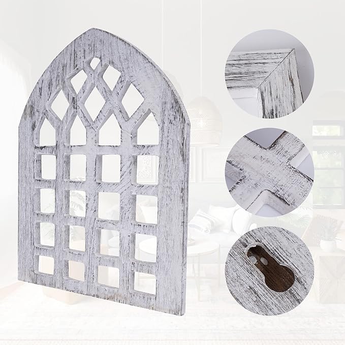 Rustic Wood Window Frame with Green Wreath and Arrows Wall Decor,Farmhouse Window Frame Hanging Decor, Wooden Fake Decoration,Window Pane Wall Decor,Set of 2 (windows white)
