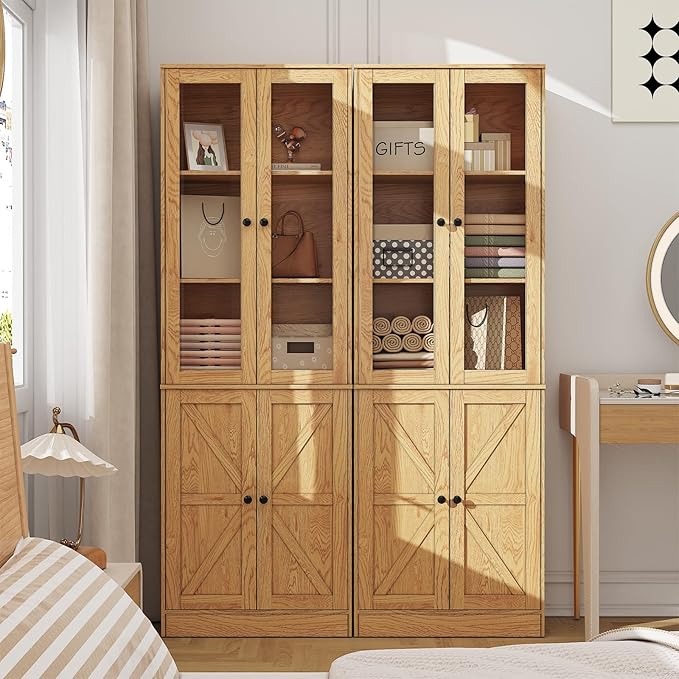 71" Tall Bookcases Set of 2, Bookshelves with Doors, 5-Shelf Bookcase with Storage, Wooden Bookshelf Floor Standing Display Storage Shelves Home Decor Furniture for Living Room,Bedroom,Natural