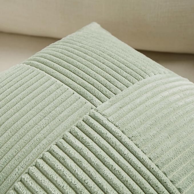 Fancy Homi 2 Packs Sage Green Decorative Throw Pillow Covers 18x18 Inch for Living Room Couch Bed Sofa, Farmhouse Boho Home Decor, Soft Corss Corduroy Patchwork Textured Square Cushion Case 45x45 cm
