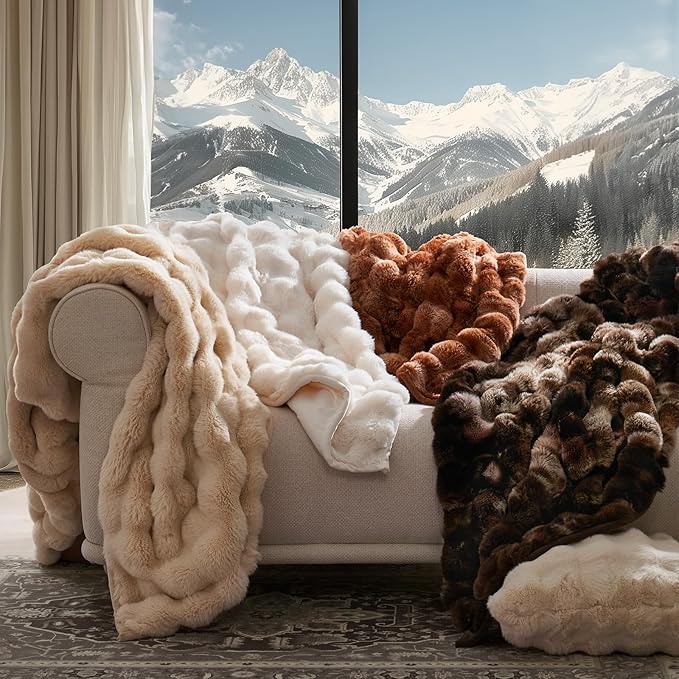 EVERGRACE Ultra Soft Luxury Fluffy Ridgeline Faux Rabbit Fur Throw Blanket, Thick Warm Bubble Throw for Bed, Cozy Plush Reversible Blankets for Couch, Chair, Sofa, Cream, 80x90 Inches, 870 GSM