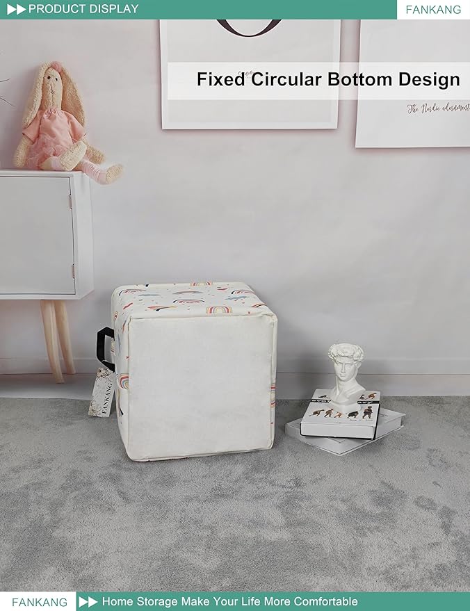 FANKANG Square Nursery Hamper Storage Bins Canvas Laundry Basket Foldable with Waterproof PE Coating Storage Baskets Gift Baskets for Children, Office, Bedroom, Clothes(Square-Love Rainbow )