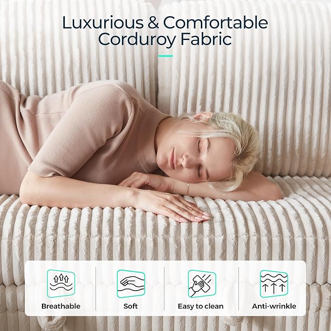 LINSY HOME Sectional Sleeper Sofa with Pull Out Couch Bed - Convertible Plush Corduroy Cloud Couch with Storage Chaise & USB Charging, Comfy L Shaped Modular Couches for Living Room Apartment, Beige