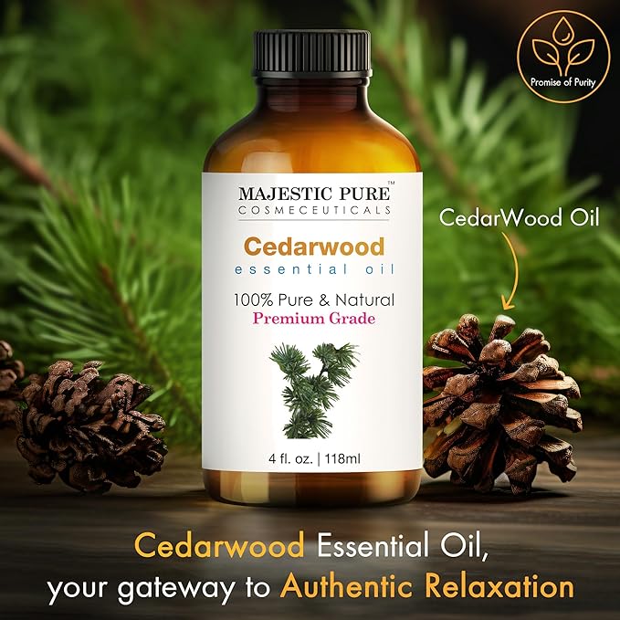 Majestic Pure Cedarwood Essential Oil with Glass Dropper - Huge 4 Fl Oz - 100% Pure and Natural Cedarwood Oil - Premium Grade Essential Oils for Diffuser, Aromatherapy, Soap and Candle Making