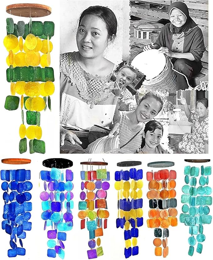 Bellaa 24896 Wind Chimes Outdoor, Garden Decorations, Musical, Indoor/Outside Windchimes, Beach, Ocean Breeze, Gifts for Mom, Gift for All Occasions, Capiz Sea Glass Shells Wood Yellow Green
