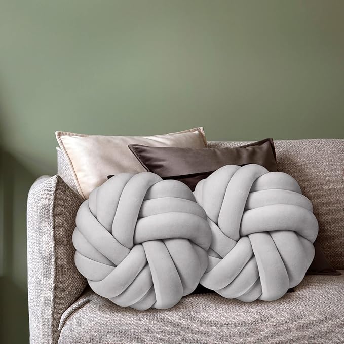 Fumete 2 Pcs 14 Inches Knot Pillow Round Throw Soft Plush Knot Ball Pillow Handmade Knotted Modern Home Decorative Cushion for Bed Bedroom, Sofa, Couch (Gray)