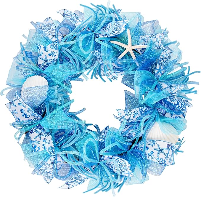 24 Inch Coastal Seashell Large Wreath with Natural Starfish & Scallops Shell, Blue Beach Style Front Door Wreath with for Spring Summer, Farmhouse Rustic Indoor Outdoor Home Wall Wedding Decor