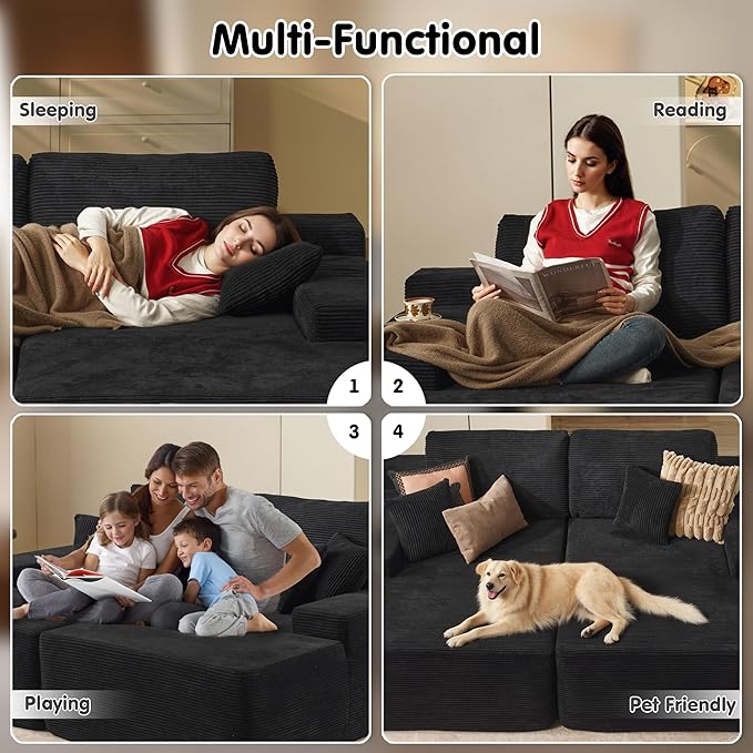 ovios 81" Oversized Sectional Double Lounge Chaise with Cloud Plush Sofa Bed, No Assembly Required, Fluffy Modern Sleeper Loveseat Chair for Indoor Living Room Bedroom Reading, Black (Corduroy Fabric)