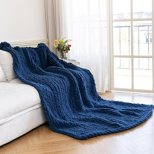 Chunky Knit Blanket - Luxury Soft Cozy 50 * 60 Throw Blanket,100% Woven Blanket Rope Knot Throw Blanket for Couch, Sofa, Home Decor, Gift - Machine Washable(Deep Blue)