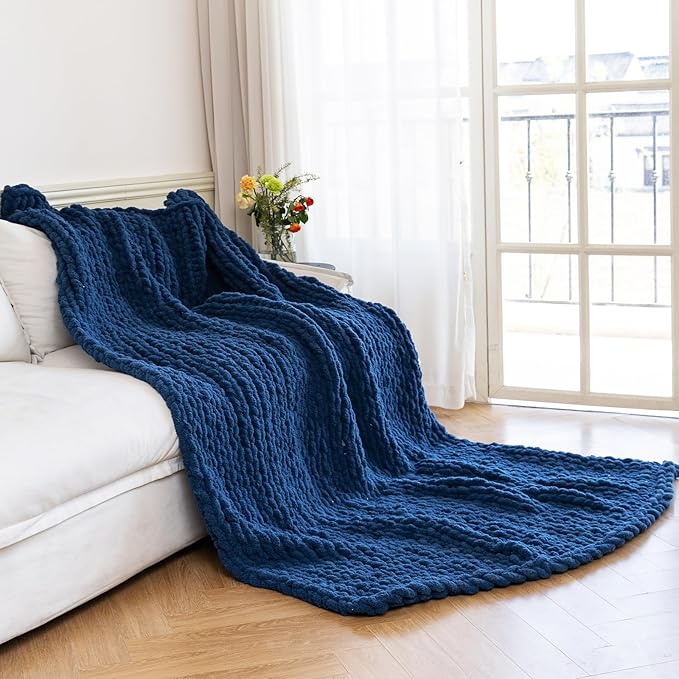 Chunky Knit Blanket - Luxury Soft Cozy 40 * 50 Throw Blanket,100% Woven Blanket Rope Knot Throw Blanket for Couch, Sofa, Home Decor, Gift - Machine Washable(Deep Blue)