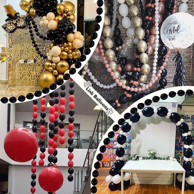 Black Linking Balloons, 120PCS Linked Balloon with Tail for Balloon Wall Arch and Chains, Quick Linkable Balloons for Wedding Birthday Baby Shower Engagement Graduation Party Decorations (6+10inch)