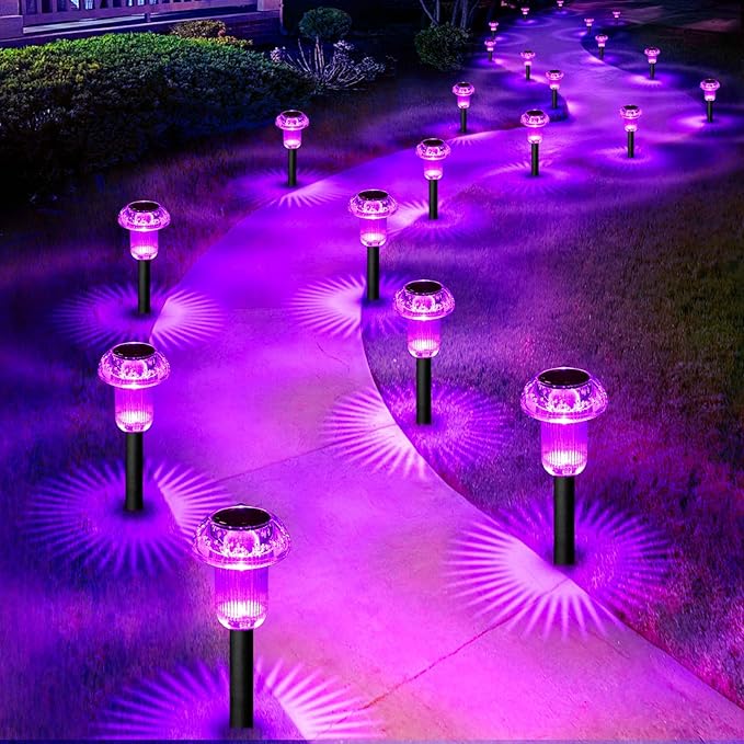 Halloween Solar Lights Outdoor 16 Pack Purple LED Waterproof Mushroom Outside Lights for Yard Garden Patio Pathway Walkway Landscape Halloween Decorations