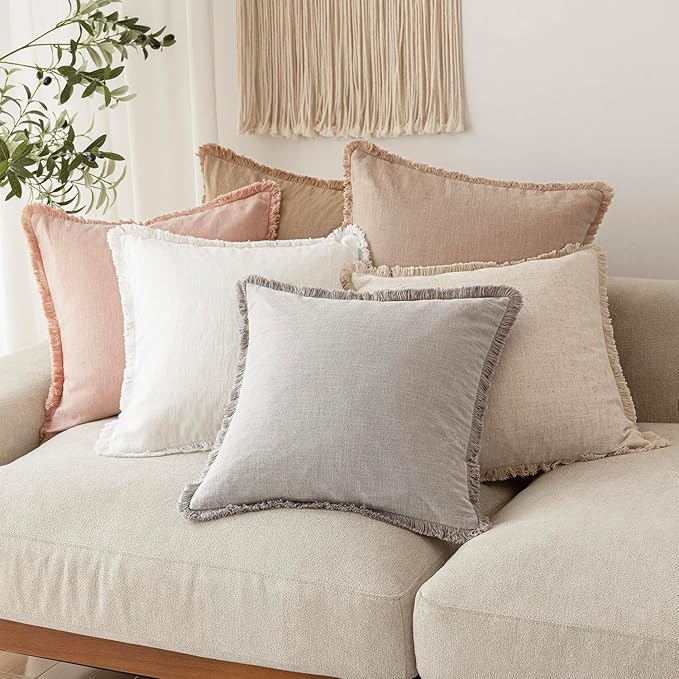 Foindtower Decorative Linen Fringe Throw Pillow Covers Cozy Boho Farmhouse Cushion Cover with Tassels Soft Accent Pillowcase for Chair Sofa Bed Living Room Home Decor, 22×22 Inch, 1PC,Light Pink