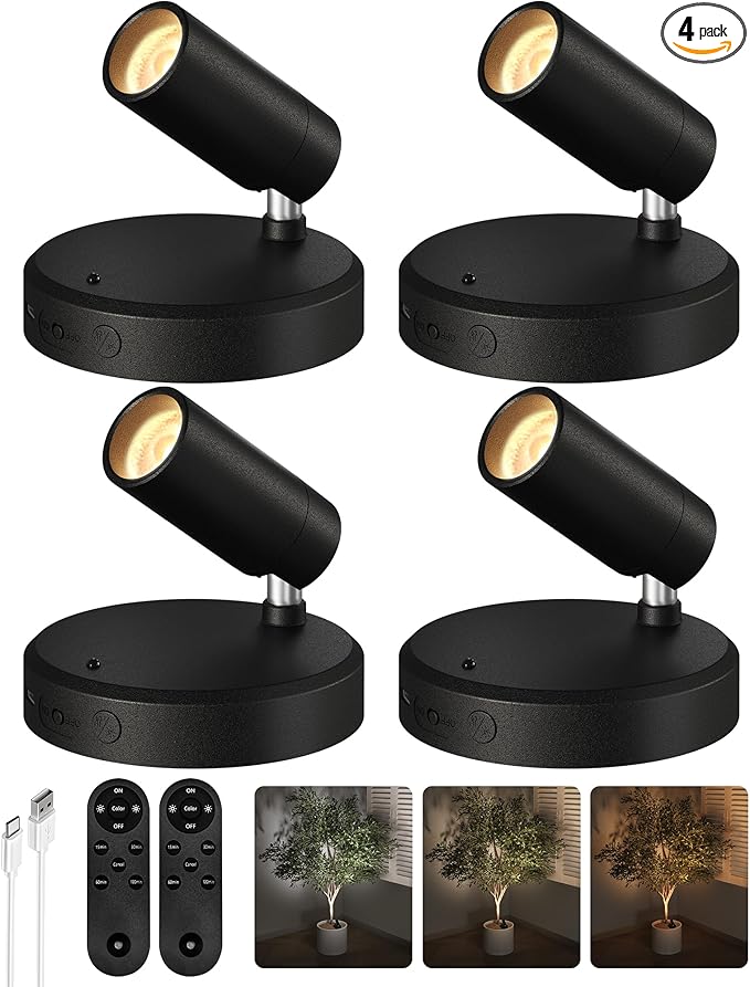 EZVALO Spotlights Indoor with Remote,5500mAh Rechargeable Picture Lights, Wireless LED Uplighting with Timer&Dimmable, 3CCT,Mini Plant Spot Lights for Painting,Artwork,Accent Lighting(4Pack-Black)