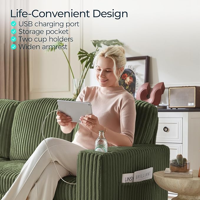 LINSY HOME Sectional Sleeper Sofa with Pull Out Couch Bed - Convertible Plush Corduroy Cloud Couch with Storage Chaise & USB Charging, Comfy L Shaped Modular Couches for Living Room Apartment, Green