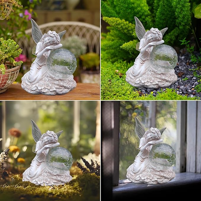 Fairy Garden Statue ,Solar Garden Decor ,Fairy Statue Outdoor with Glass Ball ,Waterproof Outdoor Decor,Suitable for Yard, Lawn ,Ideal for Holiday Giving (Left)