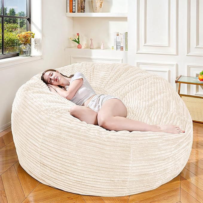 Large Bean Bag Chair, 6FT Giant Beanbag Chairs with Memory Foam Filled, Bean Bag Chairs for Adults, Ultra Soft Lazy Sofa for Living Room Bedroom (White)