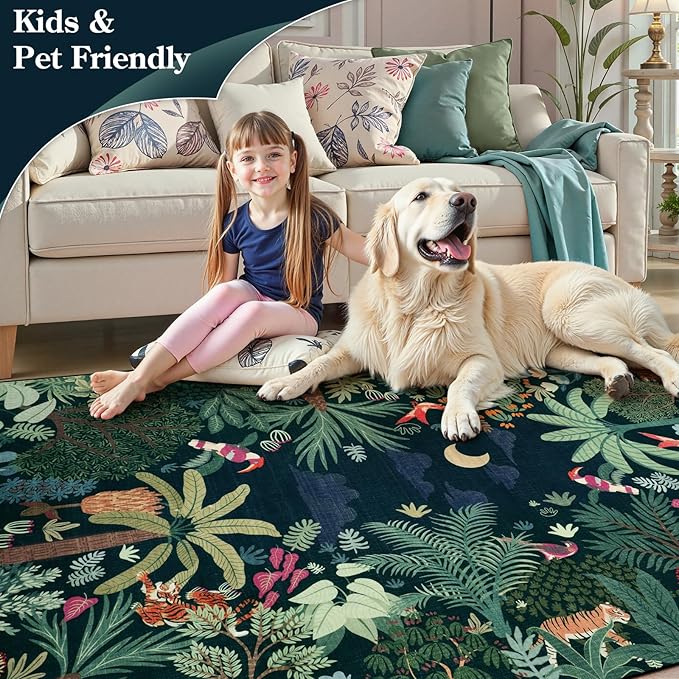 LIVEBOX Washable Bedroom Rug 8x10 Under Bed, Modern Stain Resistant Dark Green Botanical Rug for Living Room Playroom Kids Boy Room, Non-Slip Jungle Forest Print Rugs for Nursery Baby
