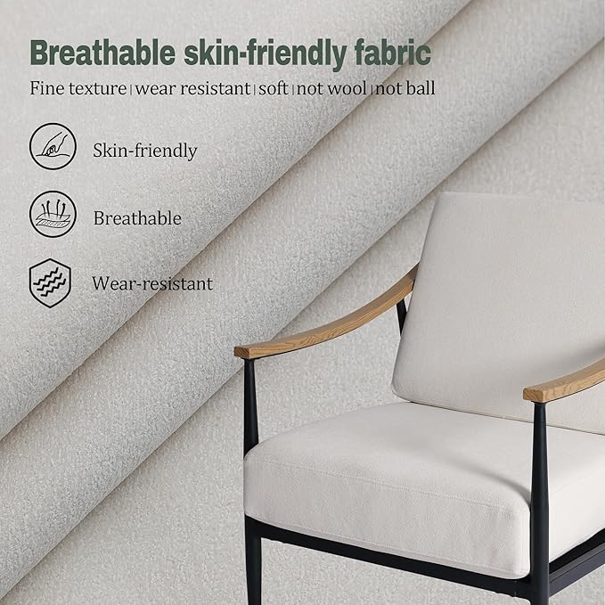 Modern Accent Chair for Living Room Bedroom Mid Century Arm Chair Upholstered Office Accent Chair Comfy Waiting Room Chair with Metal Frame, Cream White