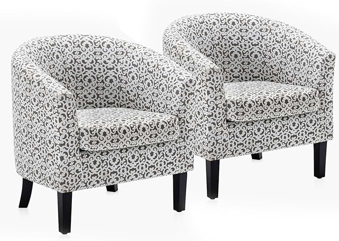 BELLEZE Accent Barrel Chair Set of 2, Linen Round Chair Club Tub Sofa Corner Chair with Flared Legs and Cozy Soft Padding for Living Room Bedroom Waiting Room - White & Brown