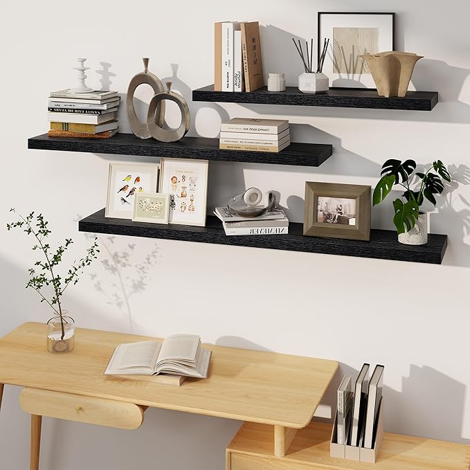 Black Floating Shelves 48 Inch Long, 8 Deep Floating Shelves for Wall, Rustic 48" Long Fireplace Mantel, Large 48 x 8 Wall Shelves for Bedroom, Living Room, Bathroom, Black Deep Shelves Set of 1