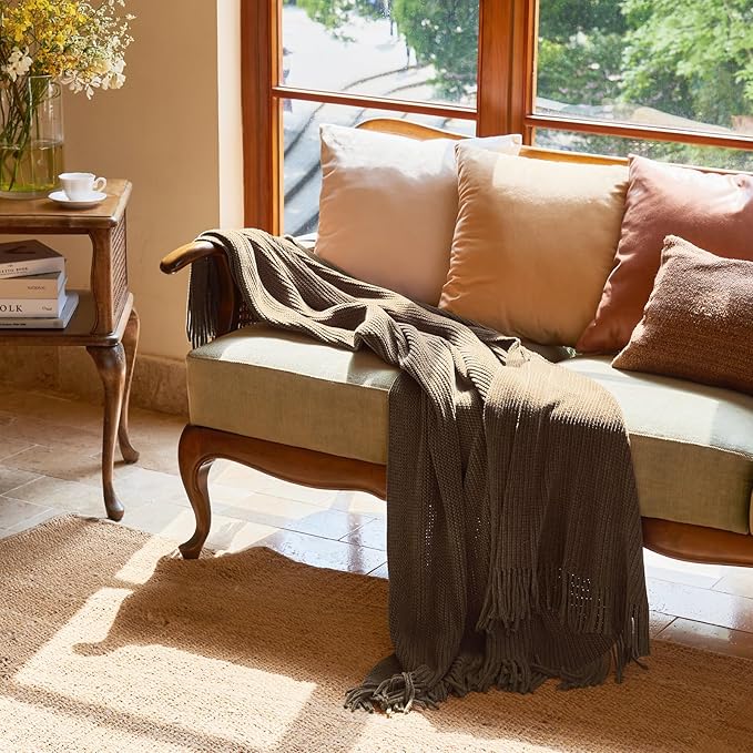 lifein Throw Blanket for Couch, Soft Boho Decor Bed Throw,Cozy Brown Knitted Chenille Small Farmhouse Lightweight Throw for Spring(Brown,50 * 60")