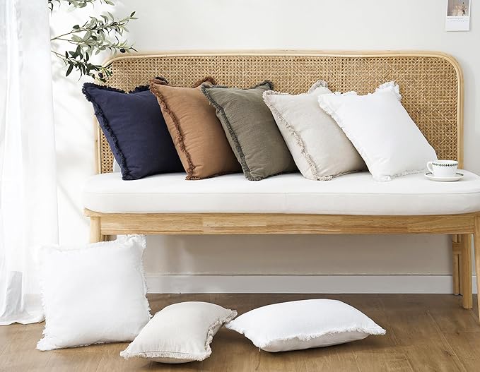 Foindtower Set of 2 Decorative Linen Fringe Throw Pillow Covers Cozy Boho Farmhouse Cushion Cover with Tassels Soft Accent Pillowcase for Couch Sofa Bed Living Room Home Decor, 22×22 Inch, Khaki Brown