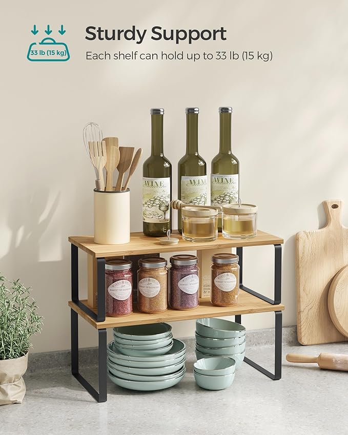 SONGMICS Cabinet Organizer Shelf, Set of 2 Kitchen Counter Shelves, Kitchen Storage, Spice Rack, Stackable, Expandable, Metal and Engineered Wood, Ink Black and Natural Beige UKCS200B01