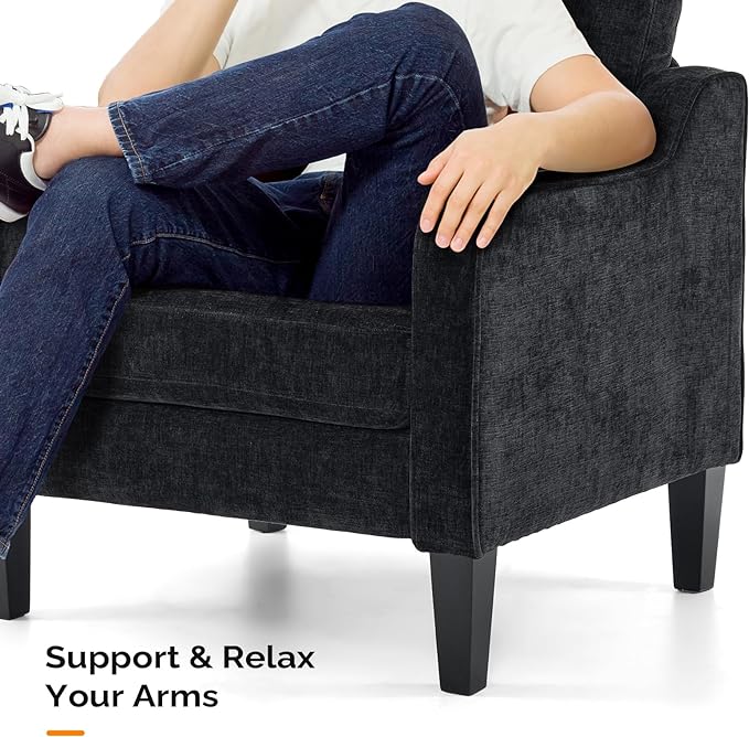 VINGLI Mid Century Modern Accent Chairs, Black Soft Chenille Reading Chair Upholstered Armchair Side Chairs Sofa Couches for Living Room, Bedroom, Apartment