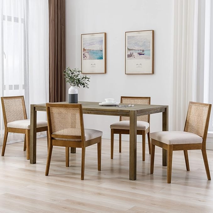 VESCASA Upholstered Dining Chairs with Square Rattan Back, Armless Padded Linen Cushion Dining Chairs with Wood Legs for Dining Room, Kitchen, Set of 2, Natural Frame
