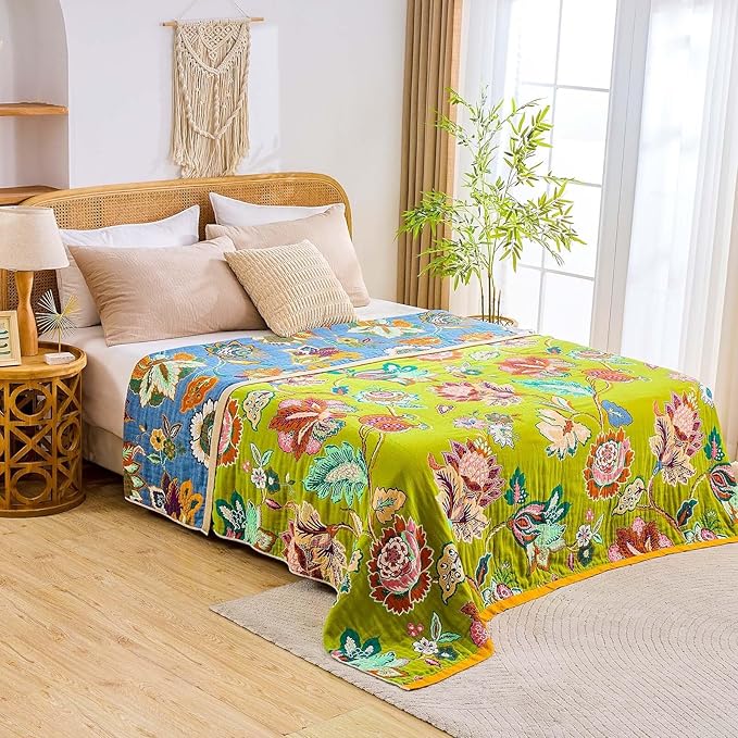 Fall Throw Blanket, 100% Cotton Soft Rustic Boho Throw Blanket for Bed, 80"x90" Farmhouse Decor Bed Flower Blankets, Light Weight Reversible Bohemian Throw Quilt