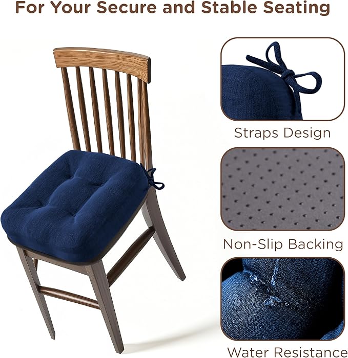 Codi 6 Pack Dining Chair Cushions, Thick Chairs Pads for Indoor Kitchen Room - Washable, Non-Slip Seat Cushion with Ties, 16.5"x16.5"x 3.5", Set of 6, Navy