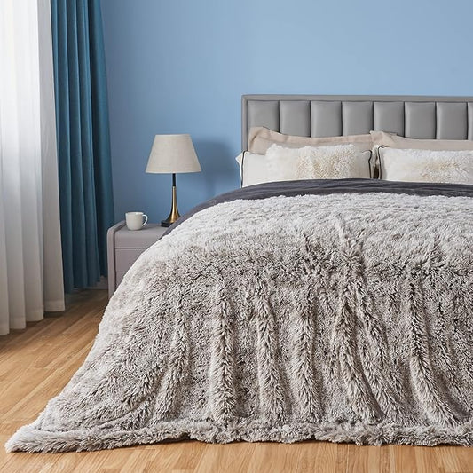 GONAAP Fuzzy Faux Fur Throw Blanket Queen Size Frosty Grey Super Soft Cozy Plush Fuzzy Shaggy Blanket for Couch Sofa Bed (Frosty Grey, Queen(90"x90"))