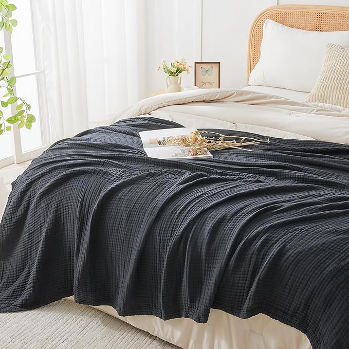 EMME Cotton Muslin King Blanket Bed Layering Breathable Gauze Blanket Soft Lightweight Blankets Adults (Black, 108"x90")