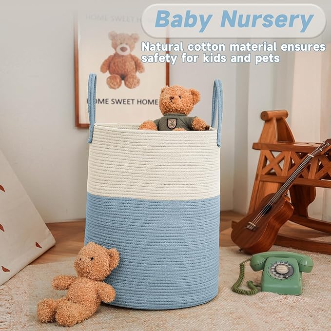 Large Woven Laundry Basket Hamper,80L Cotton Rope Storage Bin for Blankets,Toys and Clothes,Decorative Tall Nursery Hamper for Living Room,Baby Nursery,Bathroom and Bedroom,White and Blue