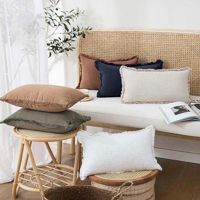 Foindtower Decorative Linen Fringe Lumbar Throw Pillow Covers Cozy Boho Farmhouse Cushion Cover with Tassel Soft Accent Pillowcase for Sofa Bed Living Room Home Decor, 12×20 Inch, 1PC, Natural Beige