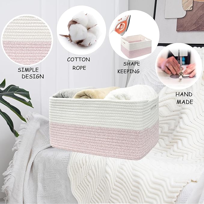COMFY-HOMI Cotton Rope Woven Basket with Handles for Shelves,Toys,Book, Cloth Storage Baskets for Organizing-17" x 13" x 7.5" Toy Decorative Organizer for Living Room, Bathroom (white/pink)