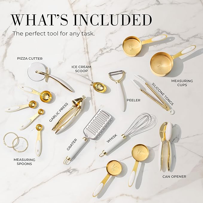 Styled Settings White and Gold Kitchen Utensils Set – 16-Piece Silicone Cooking Utensils with Measuring Cups and Spoons
