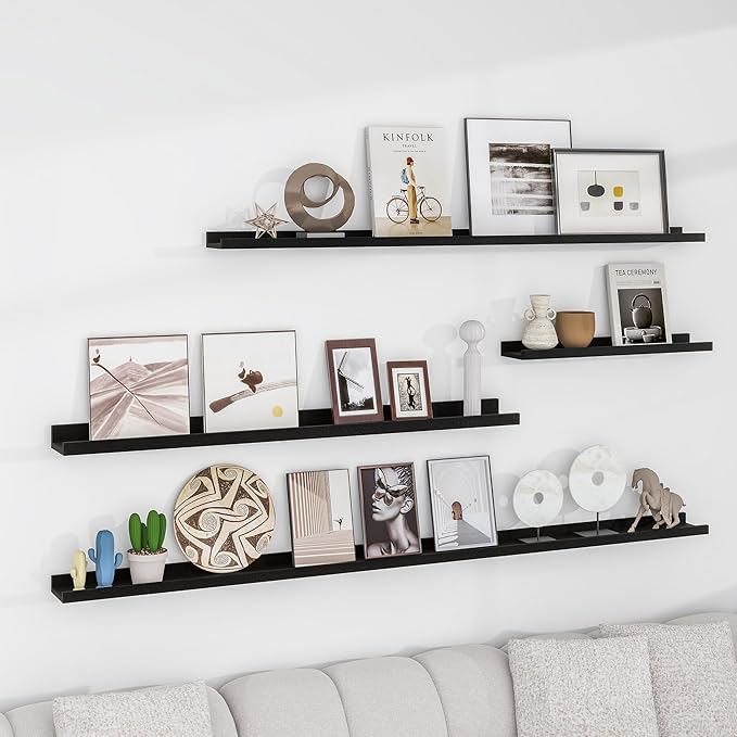 Solid Ash Wood Floating Shelves, Wood Picture Ledge Shelf Set of 2, 48 Inch Long Large Photo Ledge Shelves, Nursery Book Shelves Wall Mounted for Living Room Kids' Bedroom Decor, Black