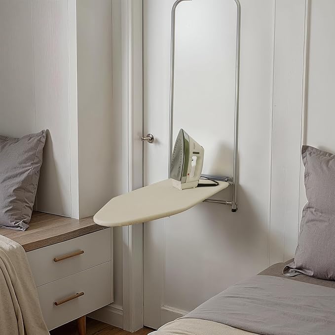 Household Essentials 144222 Over The Door Small Ironing Board with Iron Holder, Natural Cotton Cover Silver