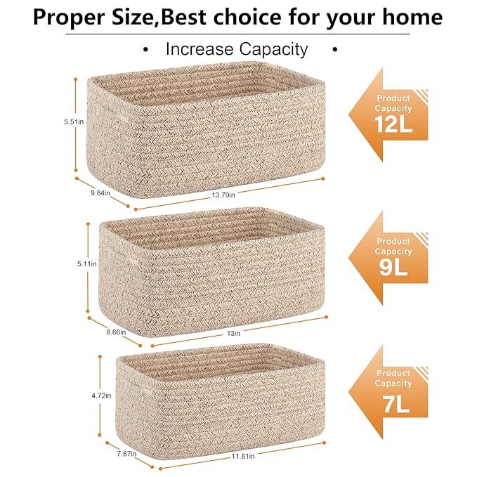 4 Pack Small Storage Shelf Baskets for Organizing, Mini Woven Rope Storage Bins for Towels, Cute Decorative Closet Organizer,Baby Nursery, Gift Empty Baskets -13.78''Lx9.84''Wx5.51''H-Brown