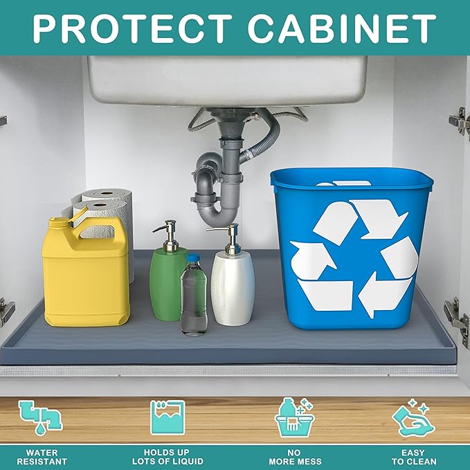 URMONA Waterproof Silicone Under Sink Mat 34'' x 22'' Shelf Liner for Kitchen and Bathroom, Cabinet and Counter Protector, Storage and Organizers, Litter Mat, Pet Cat Puppy Essentials(Black)