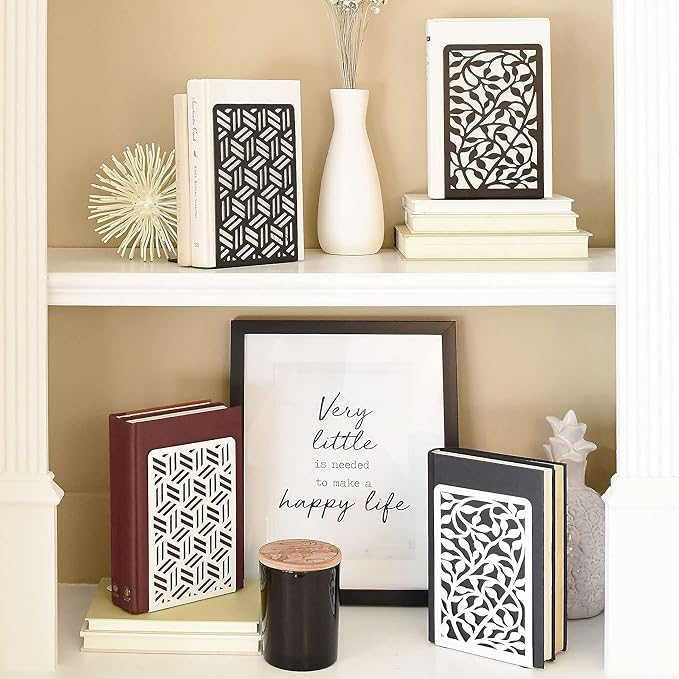 CNK Book Ends for Shelves - Metal Holders for Home Office Heavy Books, Shelf Stoppers, Decorative Set of 2 Black Infinite Leaves Bookends