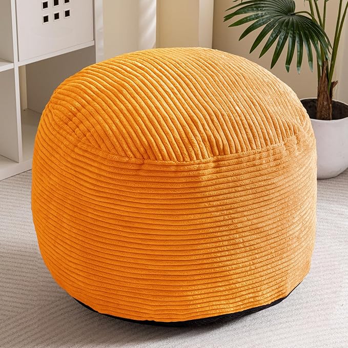 HIGOGOGO Round Stuffed Pouf Ottoman, Corduroy Poufs with Foam Chunk Filling, Furry and Fluffy Pouf Foot Stool Storage Ottoman, 26 X 18 Floor Poufs Foot Rest for Living Room, Orange