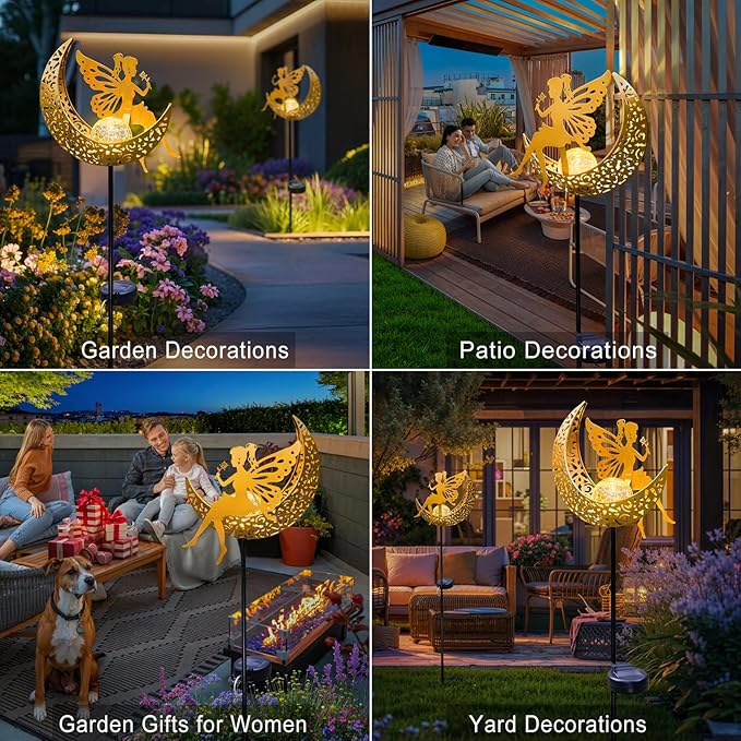 Fairy Moon Solar Lights Outdoor Garden Gifts for Mom Yard Decorations Stakes Lights, Waterproof LED Outside Backard Decor, Lawn Patio Ornaments, Mothers Day Birthday Gifts for Mom (Gold,1Pack)