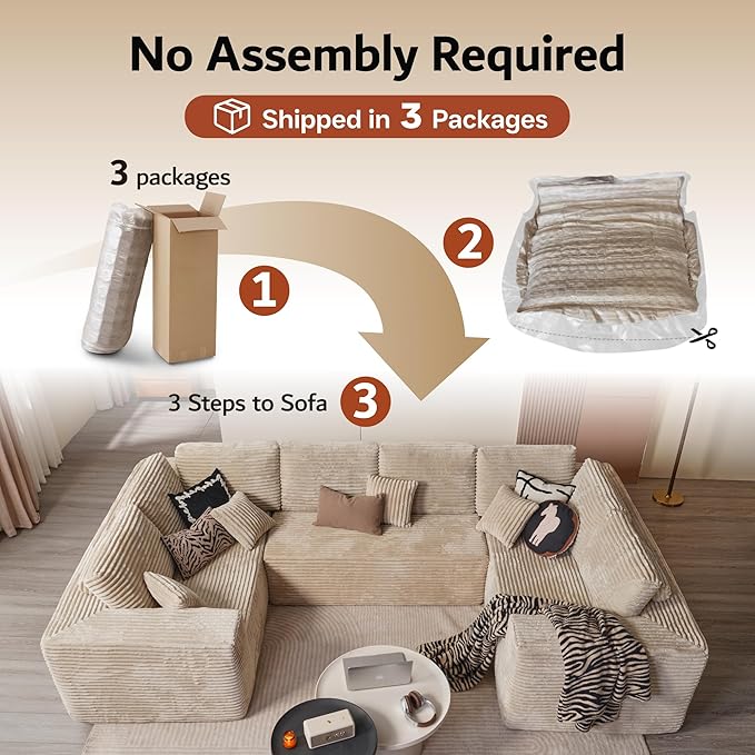 ovios Sectional Cloud Couch for Living Room, Modular Floor Sofa with Plush Corduroy, No Assembly Required, Big Comfy Couches Set with Fluffy Memory Foam, Stupendous U Shaped Sofas with Chaise, Grey