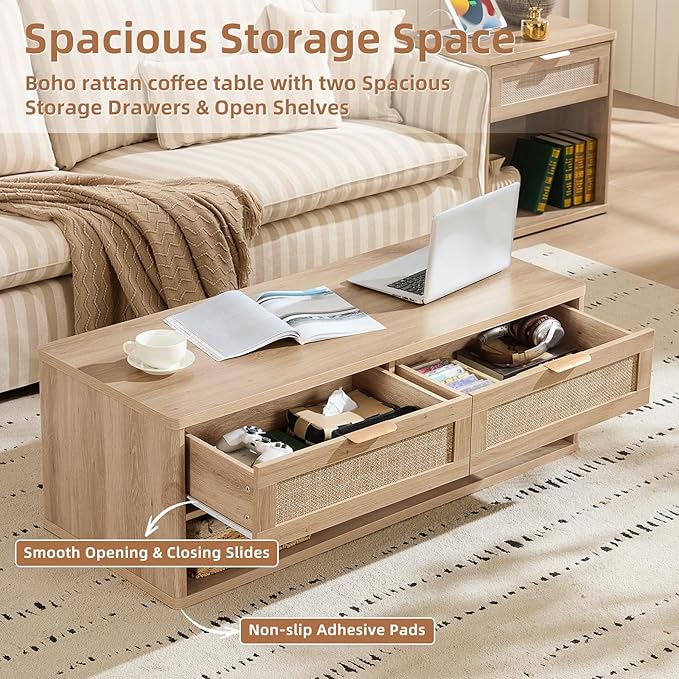 LEYAOYAO Boho Rattan Coffee Table Sets 3 Pieces, Nightstand with Charging Station and Coffee Table with Hidden Storage Compartment, Natural Living Room Table Set, Wood Furniture Sets for Home Office
