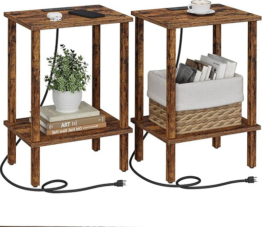 TUTOTAK End Table with Charging Station, Set of 2, Small Side Table with Outlets, Nightstand Bedside Table, 2-Tier Storage Shelf for Small Space, Living Room, Bedroom Brown TB01BB041C