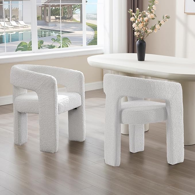 White Boucle Dining Chairs Set of 6, Modern Barrel Dining Room Chairs Upholstered Faux Fur Accent Chair with Arms and Round Back for Living Room Kitchen Armchair No Assembly Needed